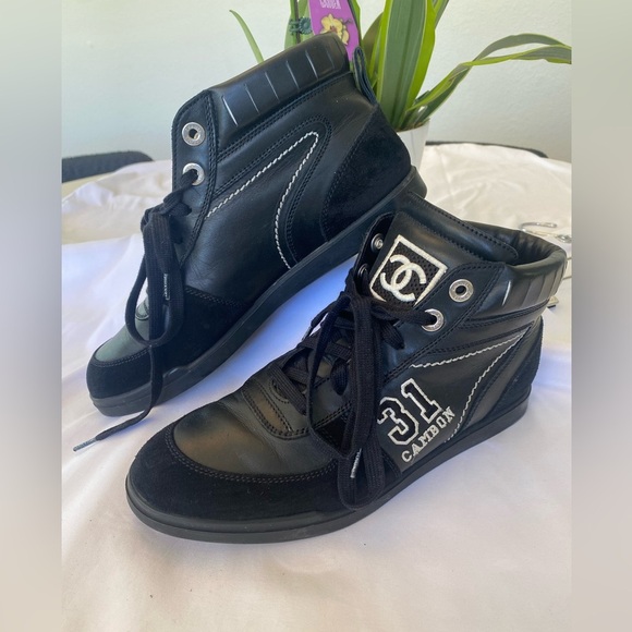 Authentic Chanel Black High-Top Sneakers with CC Logo – Size 9 - Picture 1 of 11